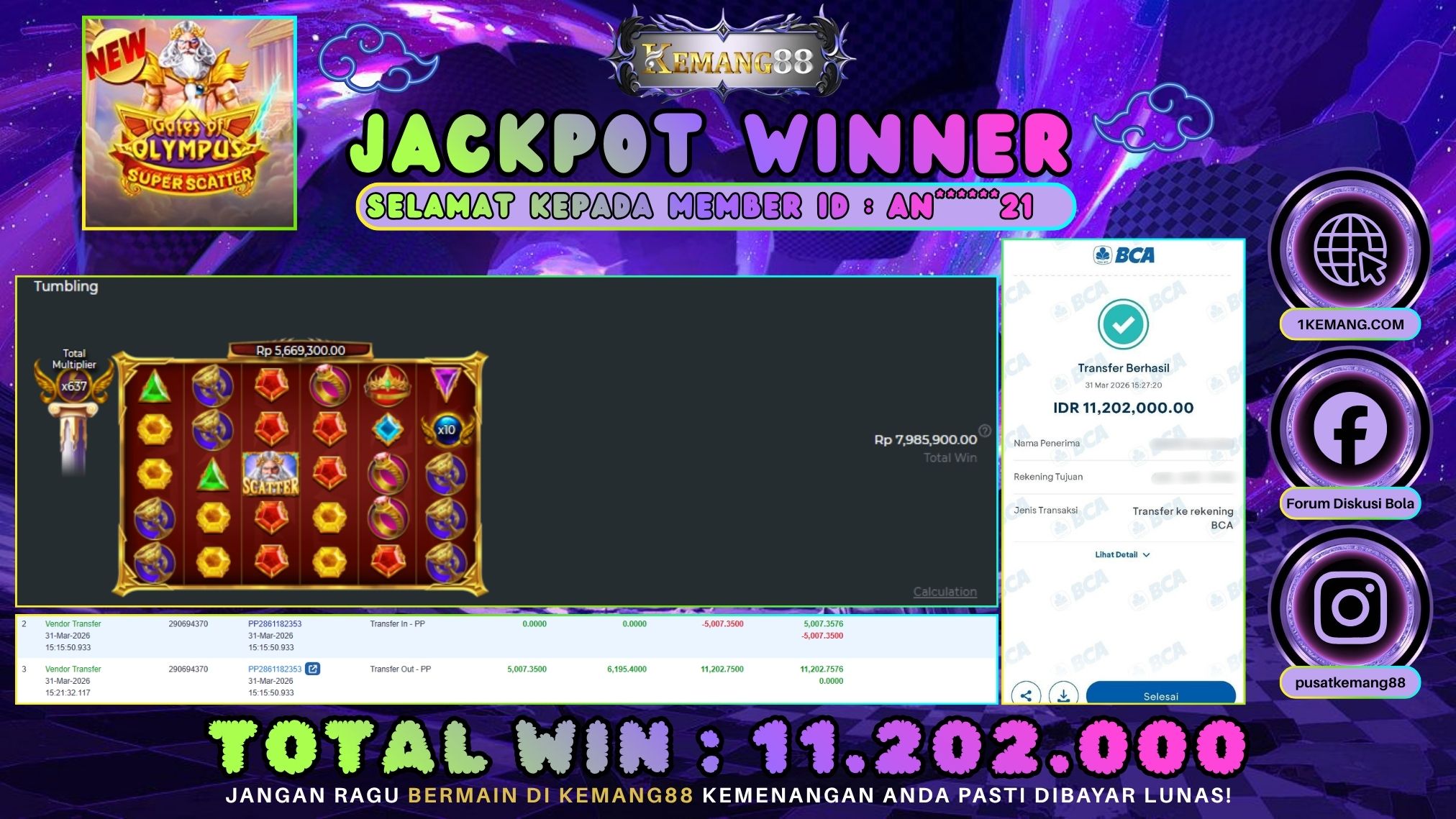 KEMANG88 [31 Maret 2026] : JACKPOT SLOT : GATES OF OLYMPUS SUPER SCATTER [PP] Rp. 11.202.000.,- LUNAS